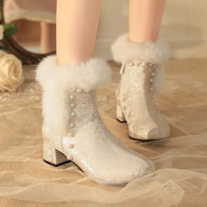 Original Haoyue Yan Original Lolita Shoes Hanfu Cheongsam Boots Womens Mid-Calf Fashion Boots Pearl Decorated Silk Velvet