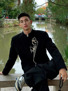 New Chinese Style Mens Suiting Jacket with Rope Embroidery Stand Collar Spring Autumn Set Fashionable Tang Costume Westwear