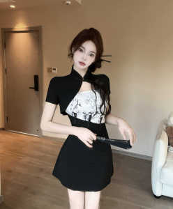 New Chinese Style Print Cheongsam Asymmetrical Halter Top Short Sleeve Oblique Buttoning Two-Piece Set High Waist A-Line Skirt