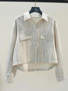 เสื้อเชิ้ตลายทางทรงหลวมสบาย ๆ สำหรับผู้หญิง เสื้อเชิ้ตผู้หญิงฤดูใบไม้ผลิและฤดูร้อน แขนยาว ปกโปโล เสื้อคลุมกันหนาว