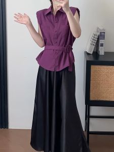 French Waist Belted Sleeveless Shirt Women Elegant Fashion Versatile Top High-End Sensation Chic Unique Shirt Straight Cut