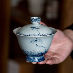 Chinese Ancient Blue Glazed High Foot Tea Bowl Ceramic Handmade Underglaze Lotus Holland Pattern Gongfu Tea Set Three Elements Cover Bowl