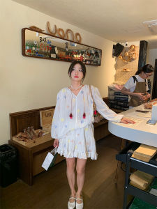 Fall Fashion White Embroidered Half-length Set Cotton Material Small Size Friendly Whole Outfit Two-piece Top Bottom Skirt