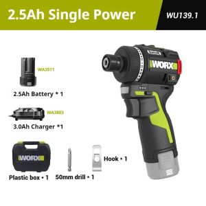 WORX WU139 2.5Ah Battery 3.0Ah Charger New versions 12V Lightweight Cordless Brushless Screwdriver 50N.m 1/4inch Electric Drill