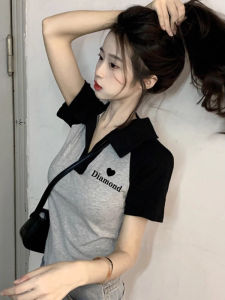 Contrast Polo Collar Short Sleeve Crop T-Shirt