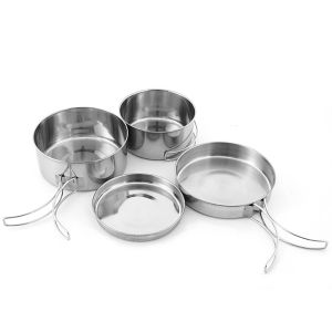 4Pcs/set Stainless Steel Camping Cookware Set - Pot Bowl & Utensils for Hiking Picnic Outdoor Cooking Portable Nesting Design