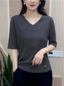Fashion V-neck Short Sleeve T-Shirt Womens Summer Easiest for Match Loose Slimming Cotton Plus Size Womens Clothing Chubby Girl Solid Color Half-Sleeve Top