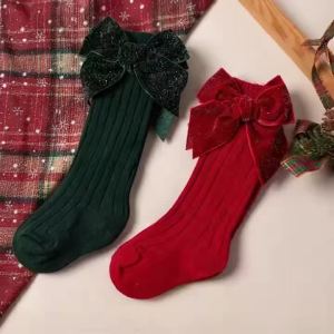 2Pairs/Lot Toddler Kids Christmas Knee High Socks Girls Cute Big Bowknow New Year Cotton Long Baby Socks Soft Warm Leg Warmers