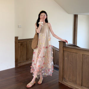 Summer Vacation Style Sleeveless Neck Hanging Dress Womens Beautiful 3D Flower Embroidery Elegant Long Dress Casual A-Line Skirt