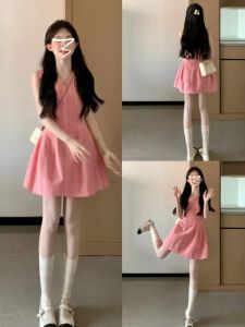 CHANGTONG | ชุดเดรสทรงเอเอวสูงสไตล์ฝรั่งเศสสีชมพูหรูหราสำหรับผู้หญิงในฤดูร้อน กระโปรงสั้นแขนกุด กระโปรงสั้นทรงเอ ชุดเดรสยาวปานกลาง