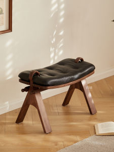 Full Solid Black Walnut Wood Saddle Stool Home Use Shoe Changing Makeup Table Stool Mid-Century Style Leather Seat Adult