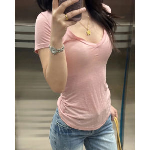 LUOFEN | Deep V Neck Pink Short Sleeve Flattering Tshirt