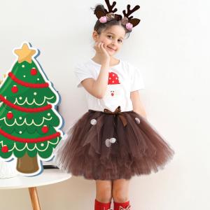 New Arrival Girls Half Skirt with Headband Hand Tied Fluffy Tulle Skirt Two Pieces Deer Pattern Childrens Clothing