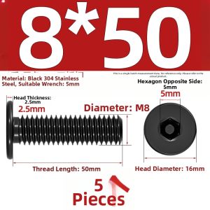 TIANZHUOJINSHU | Black Thin Head Flat Head 304 Stainless Steel Hex Screws