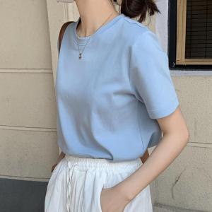 Blue Cotton T-Shirt Womens Casual round Neck Short Sleeve Spring Summer Fashion Korean Style Basic Versatile Slimming Top