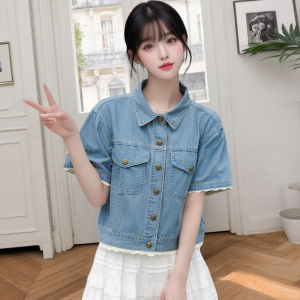 Retro Loose Collar Short Sleeve Lace Trim Denim Shirt Jacket Womens Summer New Style Casual Vintage Top Button Closure
