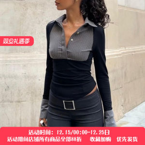 Retro American Vertical Stripe Splicing Button Collar Long Sleeve Womens Shirt Slimming Trendy Base Shirt Top for Autumn Winter