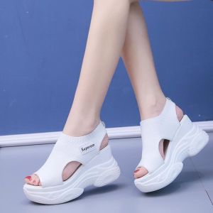 DIANCHA | White Knitted Thick Sole Slip-On Platform Sandals for Summer and Autumn