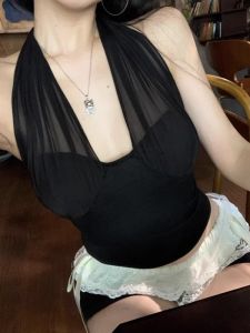 GUZILIAN | Summer Black Mesh Splice Backless Neck Hanging Strap Vest Women Slim Fit Inner Wear With Chest Pad Pure Desire Top Outerwear