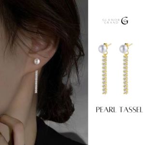 FRINGED PEARL ทำด้วยเงินแท้  ต่างหูผู้หญิง เครื่องประดับ ต่างหูระย้า ประดับไข่มุก และพู่ยาว สําหรับผู้หญิง