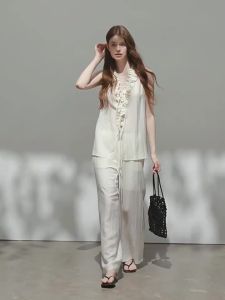 Pure Linen Sleeveless Top and Wide-leg Pants Set for Women Cool Breathable