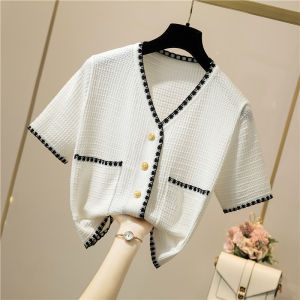 Summer 2025 Womens V-neck Short Sleeve Knitted Open Cardigan Thin Outerwear Woven Top Fashionable Short Length Breathable