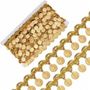 Gold Coin Shape Trim Sequins Lace Tassel Fringe Trim 3.5cm Width Sequins Tassel Lace Ribbon Fringe Dance Dress Belt Chain