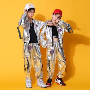 Childrens Hiphop Suit Boys Silver Cool Jazz Dance Costume Girl Trendy Dance Clothes