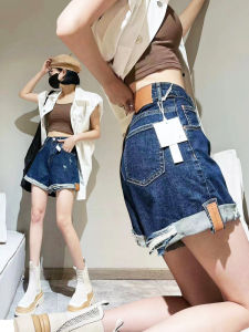 Summer Thin Soft Denim Shorts Women Large Size Loose A-Line Straight Leg Cuffed Frayed Washed Deep Blue High Waist Jeans