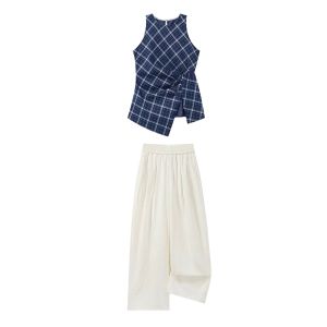 BINKAFENNY | Youthful and Stylish Summer Outfit Set with Checkered Vest and Wide Leg Pants
