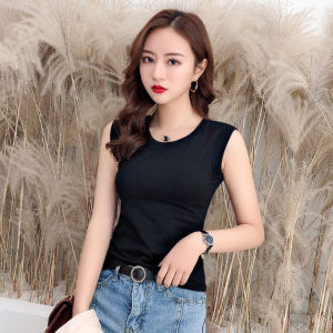 เสื้อกั๊กแขนกุดคอตุ้มสีขาวสำหรับผู้หญิง ทรงสลิมฟิต ผ้าฝ้ายแท้ ทรงสปอร์ต ใส่ด้านนอกในฤดูร้อน แฟชั่นเสื้อชั้นใน