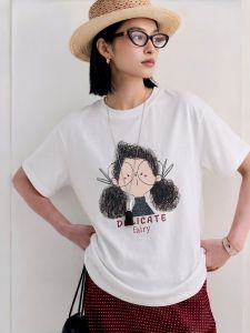 Basic House | White Round Neck Printed Loose Youthful T-shirts