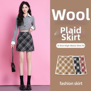 ZITENGFEI | Wool Tweed Grey Plaid A-line Skirt