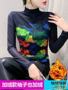 เสื้อยืดคอตั้งครึ่งตัวผู้หญิงสไตล์เกาหลี แขนยาว ทรงเข้ารูป ผ้าตาข่าย เสื้อเชิ้ตผู้หญิงฤดูใบไม้ร่วง/ฤดูหนาว