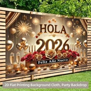 VIKAMA 2026 New Year Spanish Tapestry Golden Rose Fireworks Balloon Background Cloth New Year Party Decoration