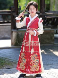 Red Fleece Lined Hanfu Childrens New Year Visit Costume Ming Dynasty Feiyu Suit Boys Traditional Ethnic Clothing New Style