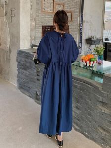 Trendy Street Style Dark Blue Womens Dress Summer 2024 New French Design Small Audience High-End Feeling Long Skirt