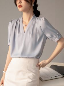 Elegant French Blue Satin Shirt Womens Summer Office Commute Short Sleeve V-neck Top OL Style Loose Fit Pure Polyester