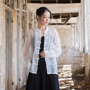Retro Chinese Style Long Sleeve Sun Protection Shirt Womens Thin Loose Folded Fine Grid Cardigan Top Breathable Casual Shirt
