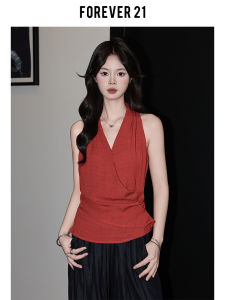 Forever21 French Style V-Neck Wrap Waist Tank Top Women Summer Pure Desire Red Sleeveless Small Shirt Upper Body