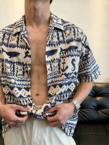 JIARONG | Nautical Holiday Style Linen Print Cuban Collar Short Sleeve Shirt