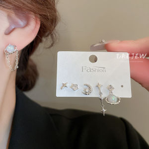 Drejew kim Bạc Ngôi Sao Đá Zirconia hành tinh mặt trăng Bông Tai 6-Bộ chi tiết thời trang Hàn Quốc Ánh Sáng Bông tai sang trọng Niche Đa Năng Bông Tai Cho Phụ Nữ