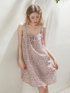 XEXZ | ชุดนอนผ้าไหมผสมคอตตอน ปักลายสุดเซ็กซี่ เสื้อผ้าใส่ในบ้าน ดีไซน์คอเหลี่ยม สไตล์ฝรั่งเศส ประดับโบว์ผีเสื้อ เสื้อผ้าผู้หญิง ฤดูร้อน