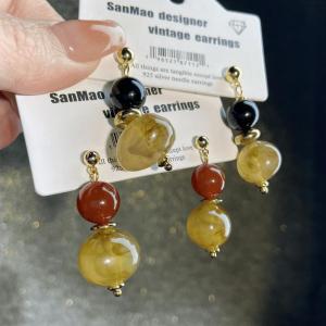 Retro Chinese Style Gourd Shaped Color Block Beaded Earrings Red Gold Black Brown Simple Silver Needle Ear Jewelry for Women