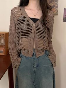 Womens V-Neck Hollow out Knitted Cardigan Two-Piece Set Spring Summer Sunshade Shirt Short Top Long Sleeve Small Shawl Thin Outerwear