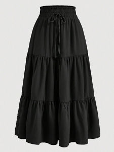 High Waist A-Line Solid Color Skirt with Belt Ladies Casual High Waist Polyester Fabric Pure Color Half Body Skirts