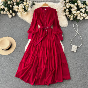 Spring New Arrival V-neck Single Breasted Chiffon Dress Womens French Retro Waist-Controlled Slimming Large Hem A- line Long Skirt Fashion
