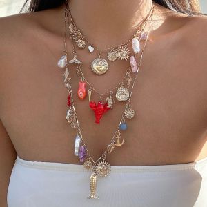 Puriui Bohemia สร้อยคอไข่มุกเทียมสีทอง3ชิ้น/เซ็ตปรับได้เครื่องประดับสร้อยคอจี้หลายแบบสำหรับใส่ในฤดูร้อนชายหาดชายหาด