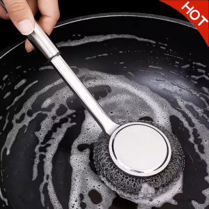 แปรงขัดทำความสะอาดจานกระทะทำครัวสำหรับขัดล้างทำความสะอาดได้ดีขนโลหะเบ็ดตกปลาเรืองแสงแปรงขัดหม้อหม้อหูจับยาว