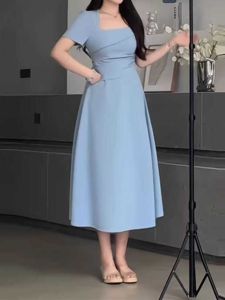Elegant French Collar Maxi Dress Slimming A-Line Silhouette High Waist Gathered Skirt Long Sleeve Summer Dress for plus Size